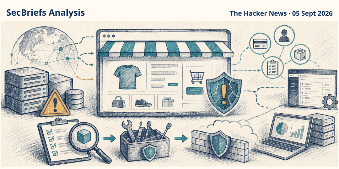 SecBriefs Analysis illustration for “Reported Magento exploitation puts unpatched online stores at risk”; source The Hacker News, 05 Sept 2026.
