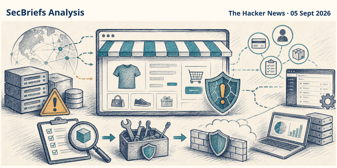 SecBriefs Analysis illustration for “Reported Magento exploitation puts unpatched online stores at risk”; source The Hacker News, 05 Sept 2026.