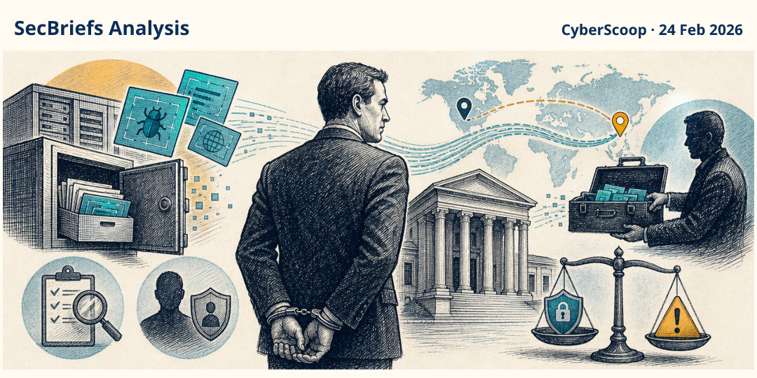 SecBriefs Analysis illustration for “Former L3Harris executive sentenced to 87 months for selling zero-day exploits”; source CyberScoop, 24 Feb 2026.