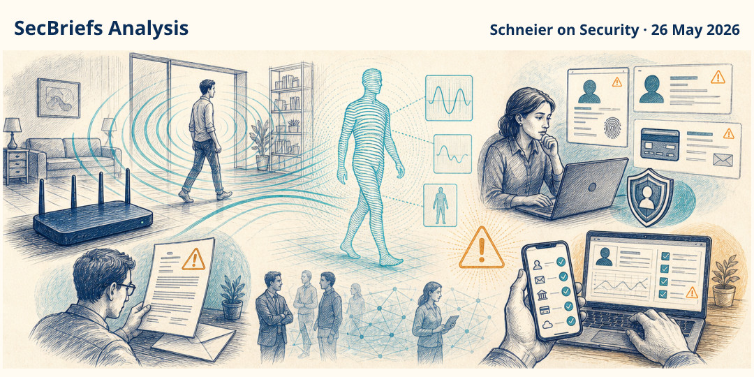SecBriefs Analysis illustration for “Wi-Fi sensing can identify people without cameras or wearables”; source Schneier on Security, 26 May 2026.