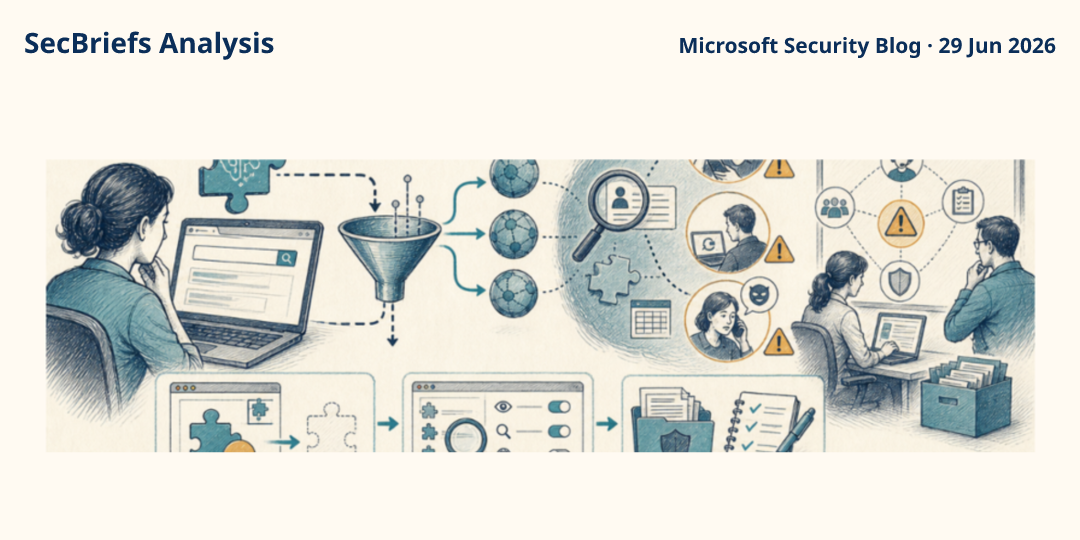 SecBriefs Analysis illustration for “Fake AI-branded browser extension silently redirected users’ searches”; source Microsoft Security Blog, 29 Jun 2026.