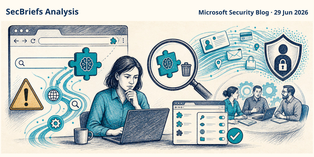 SecBriefs Analysis illustration for “Fake AI-branded browser extension silently redirected users’ searches”; source Microsoft Security Blog, 29 Jun 2026.