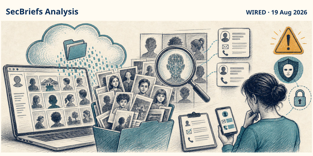 SecBriefs Analysis illustration for “Reverse-lookup service exposed millions of facial images and contact details”; source WIRED, 19 Aug 2026.