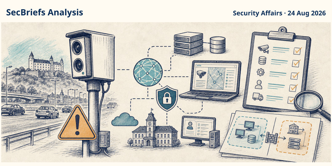 SecBriefs Analysis illustration for “Slovakia warns that road-speed-camera systems may expose public networks”; source Security Affairs, 24 Aug 2026.