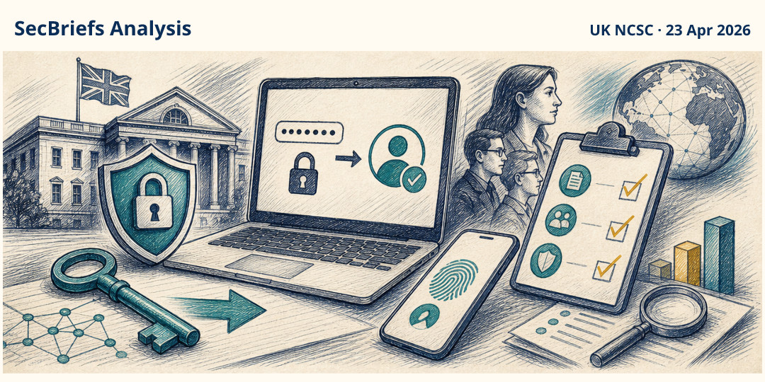 SecBriefs Analysis illustration for “UK cyber agency urges services to replace passwords with passkeys”; source UK NCSC, 23 Apr 2026.