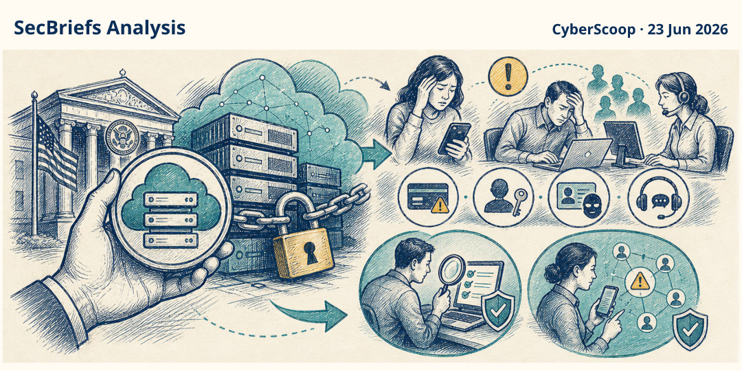 SecBriefs Analysis illustration for “US seizure targeted infrastructure supporting large-scale online scam operations”; source CyberScoop, 23 Jun 2026.