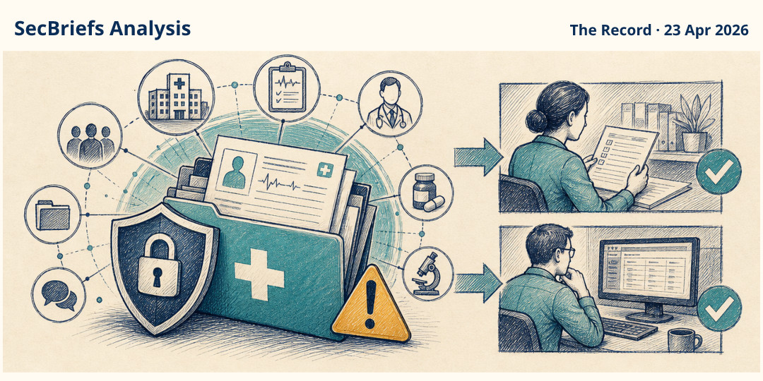 SecBriefs Analysis illustration for “Medical records linked to 500,000 Britons appeared for sale online”; source The Record, 23 Apr 2026.