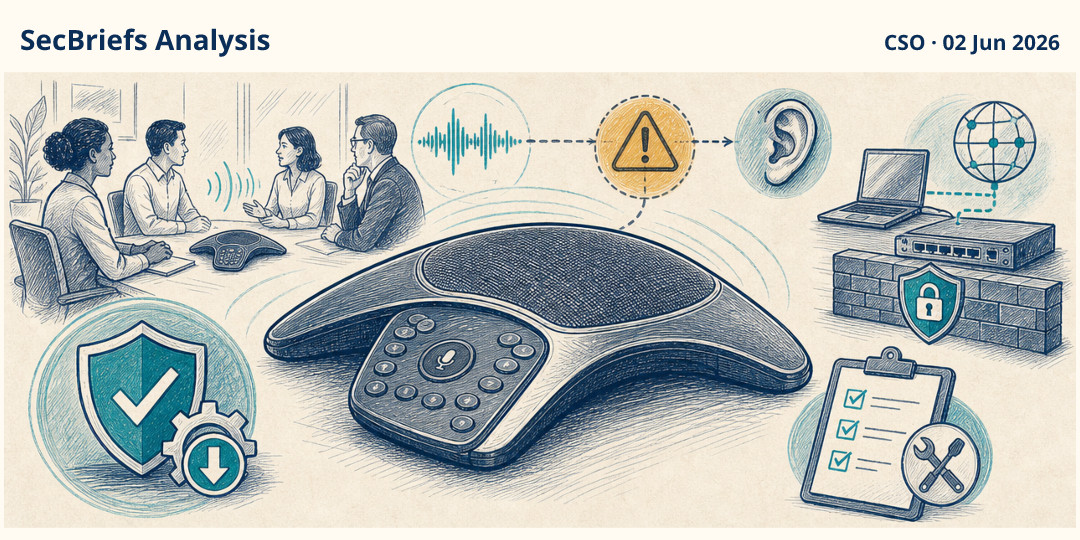 SecBriefs Analysis illustration for “HP conference-phone flaw created a route to covert audio theft”; source CSO, 02 Jun 2026.