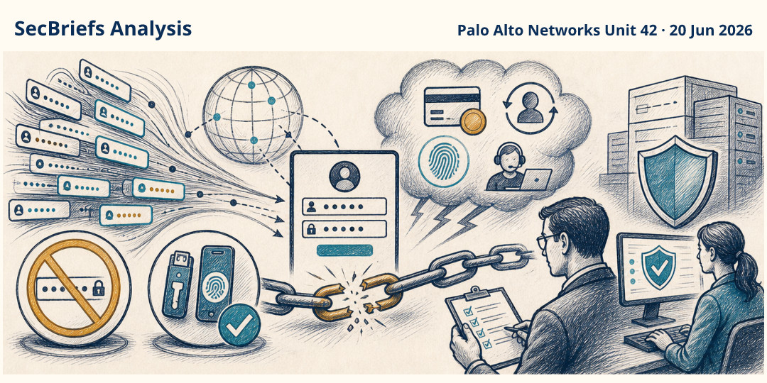 SecBriefs Analysis illustration for “Large-scale credential attacks put reused passwords and weak recovery controls at risk”; source Palo Alto Networks Unit 42, 20 Jun 2026.