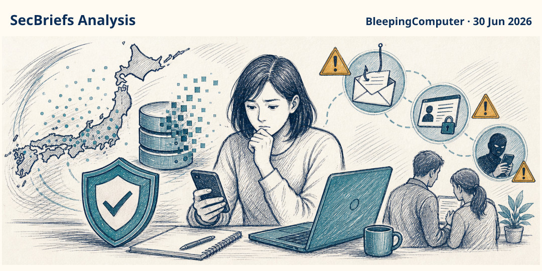 SecBriefs Analysis illustration for “Aflac Japan breach exposed data belonging to 4.38 million customers”; source BleepingComputer, 30 Jun 2026.