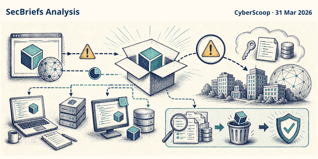 SecBriefs Analysis illustration for “Malicious Axios releases put developer systems and credentials at risk”; source CyberScoop, 31 Mar 2026.
