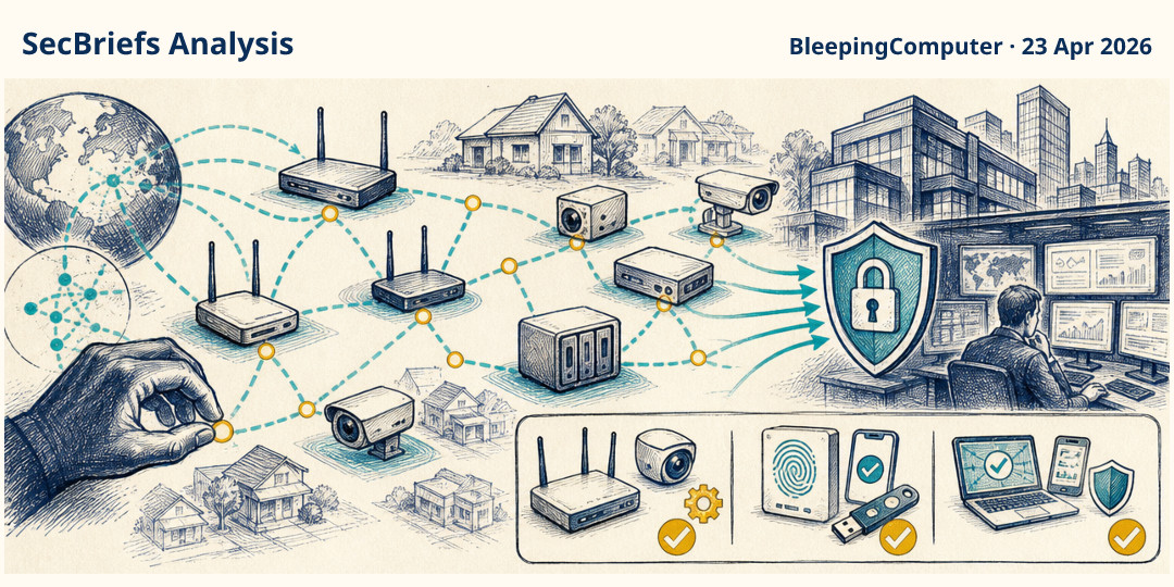 SecBriefs Analysis illustration for “China-nexus hackers increasingly hide behind hijacked consumer-device proxy networks”; source BleepingComputer, 23 Apr 2026.
