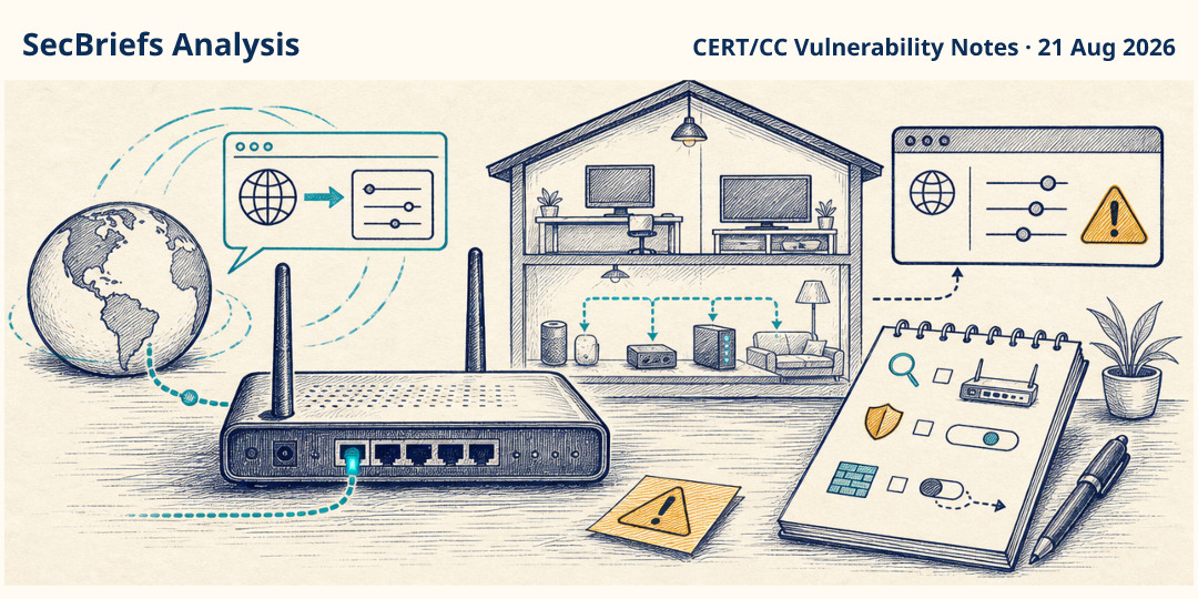SecBriefs Analysis illustration for “Calix residential router exposes WAN UPnP controls without authentication”; source CERT/CC Vulnerability Notes, 21 Aug 2026.