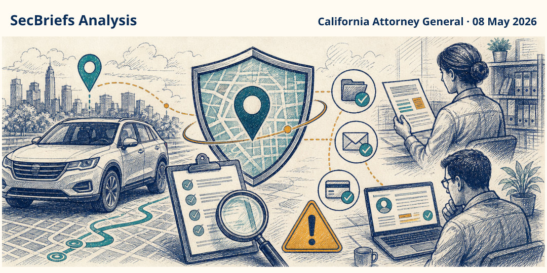 SecBriefs Analysis illustration for “GM will pay $12.75 million over sales of driver location data”; source California Attorney General, 08 May 2026.
