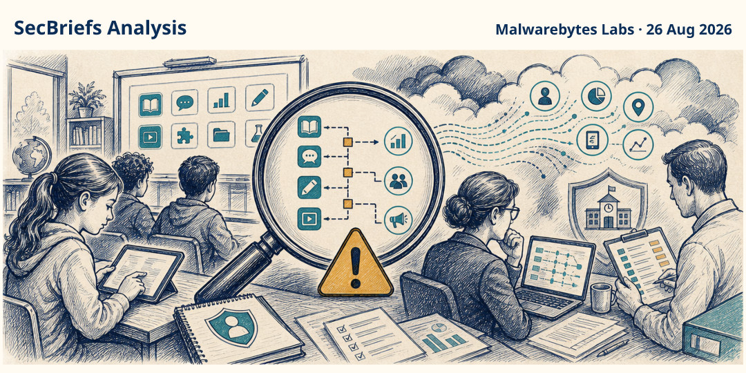 SecBriefs Analysis illustration for “Utah study finds school apps sharing student data”; source Malwarebytes Labs, 26 Aug 2026.