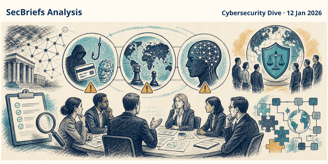 SecBriefs Analysis illustration for “Report says executives worry most about cyber-enabled fraud, geopolitics and AI”; source Cybersecurity Dive, 12 Jan 2026.