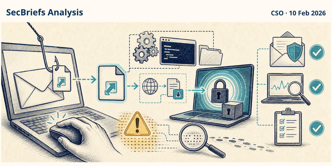 SecBriefs Analysis illustration for “Weaponized Windows shortcuts reportedly deliver Global Group ransomware”; source CSO, 10 Feb 2026.