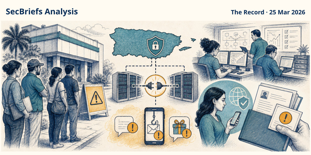 SecBriefs Analysis illustration for “Puerto Rico cyberattack cancelled driver and vehicle-service appointments”; source The Record, 25 Mar 2026.