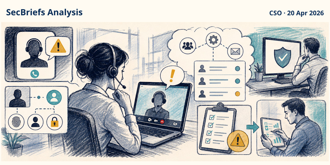 SecBriefs Analysis illustration for “Fake IT helpdesk calls in Teams can lead to workplace compromise”; source CSO, 20 Apr 2026.