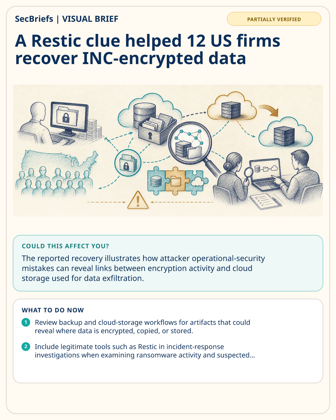 SecBriefs visual brief for A Restic clue helped 12 US firms recover INC-encrypted data