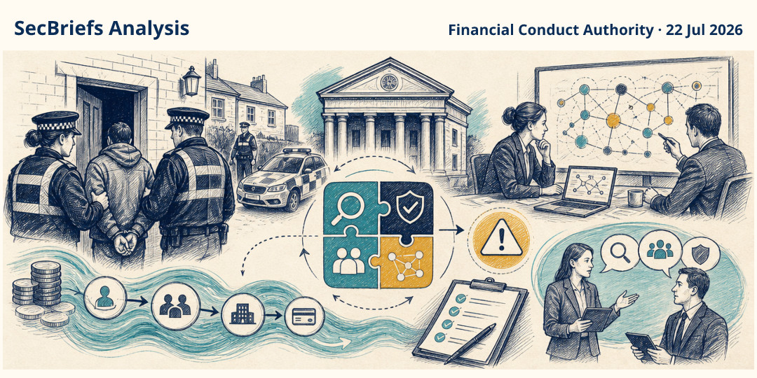 SecBriefs Analysis illustration for “FCA and police make four arrests in fraud and money-laundering investigation”; source Financial Conduct Authority, 22 Jul 2026.