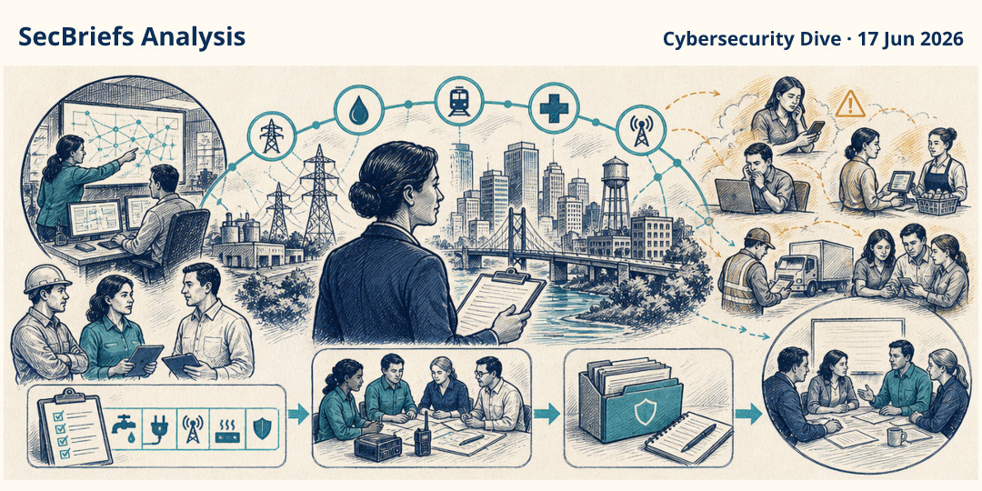 SecBriefs Analysis illustration for “CISA leader warns major infrastructure disruptions are becoming unavoidable”; source Cybersecurity Dive, 17 Jun 2026.