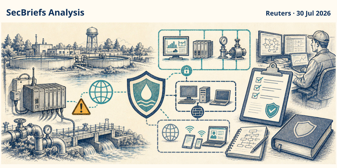 SecBriefs Analysis illustration for “CISA warns of increased cyberattacks targeting US water utilities”; source Reuters, 30 Jul 2026.