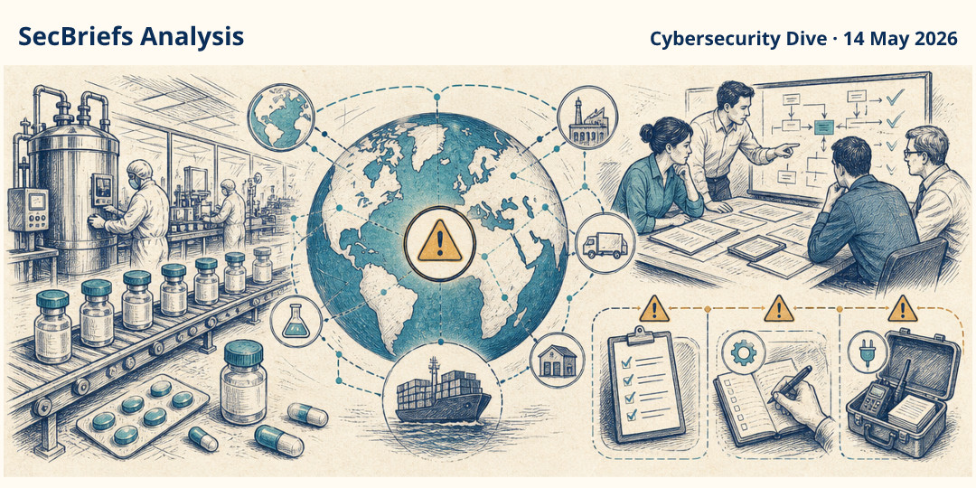 SecBriefs Analysis illustration for “West Pharmaceutical ransomware disrupted global manufacturing operations”; source Cybersecurity Dive, 14 May 2026.