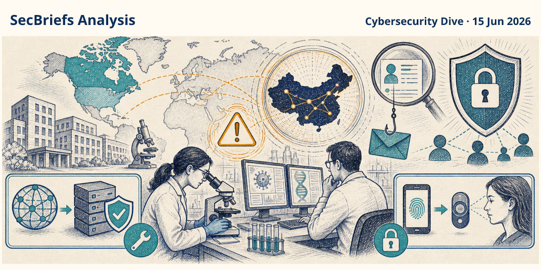 SecBriefs Analysis illustration for “China-linked campaign targeted medical research organizations in US and Canada”; source Cybersecurity Dive, 15 Jun 2026.