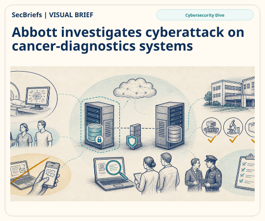 SecBriefs homepage illustration for “Abbott investigates cyberattack on cancer-diagnostics systems”; source Cybersecurity Dive.