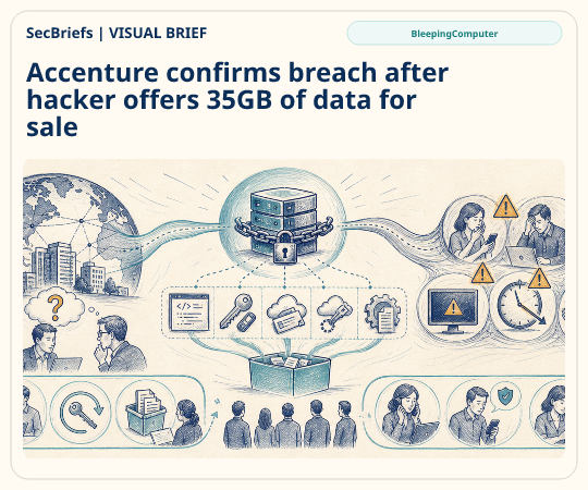 SecBriefs homepage illustration for “Accenture confirms breach after hacker offers 35GB of data for sale”; source BleepingComputer.