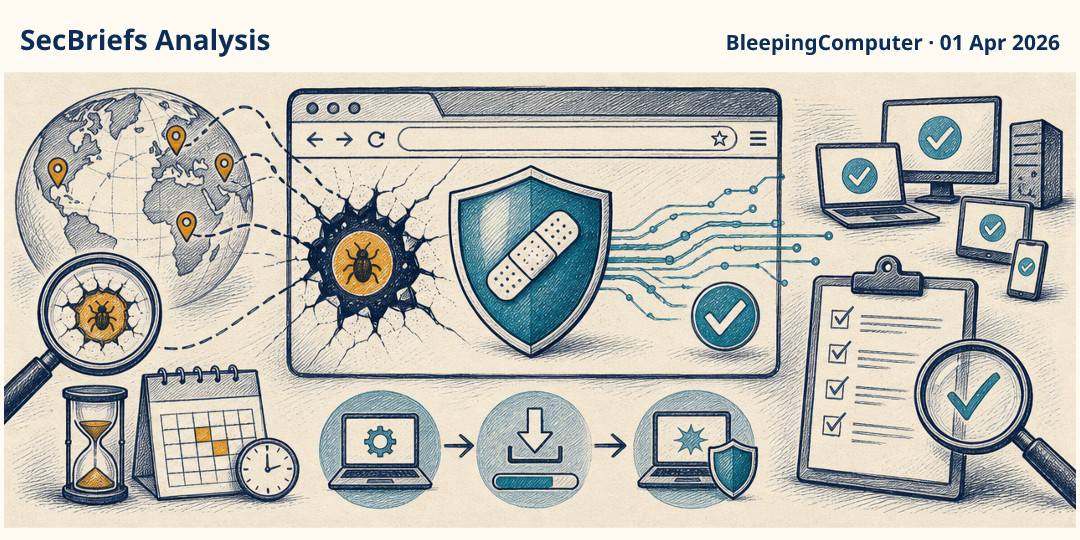 SecBriefs Analysis illustration for “Google patched Chrome zero-day CVE-2026-5281 after exploitation in the wild”; source BleepingComputer, 01 Apr 2026.