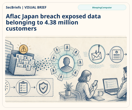 SecBriefs homepage illustration for “Aflac Japan breach exposed data belonging to 4.38 million customers”; source BleepingComputer.