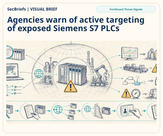 SecBriefs homepage illustration for “Agencies warn of active targeting of exposed Siemens S7 PLCs”; source FortiGuard Threat Signals.