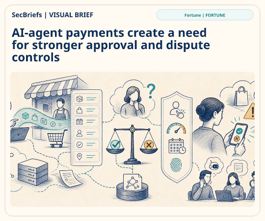 SecBriefs homepage illustration for “AI-agent payments create a need for stronger approval and dispute controls”; source Fortune | FORTUNE.