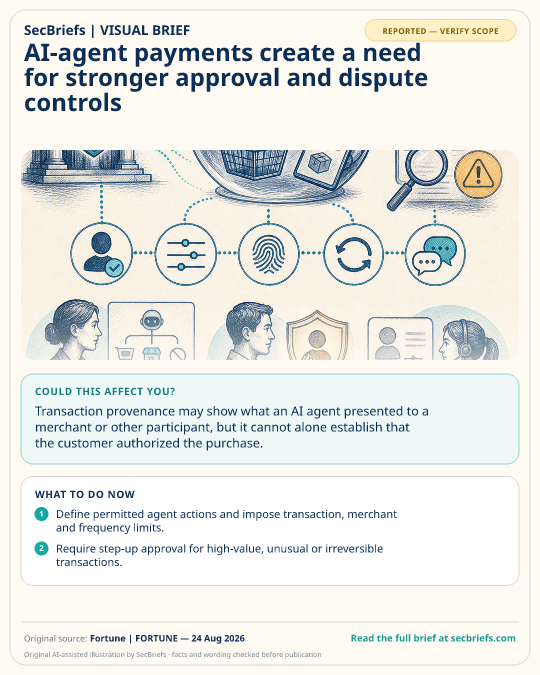 SecBriefs visual brief for “AI-agent payments create a need for stronger approval and dispute controls”; source Fortune | FORTUNE, 24 Aug 2026.