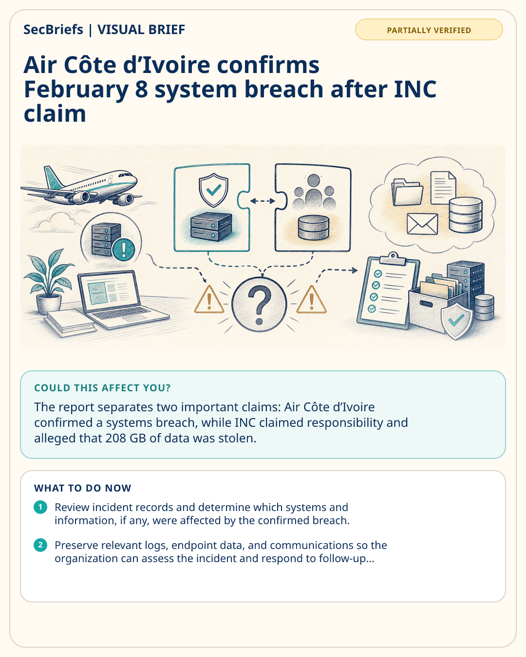 SecBriefs visual brief for Air Côte d’Ivoire confirms February 8 system breach after INC claim