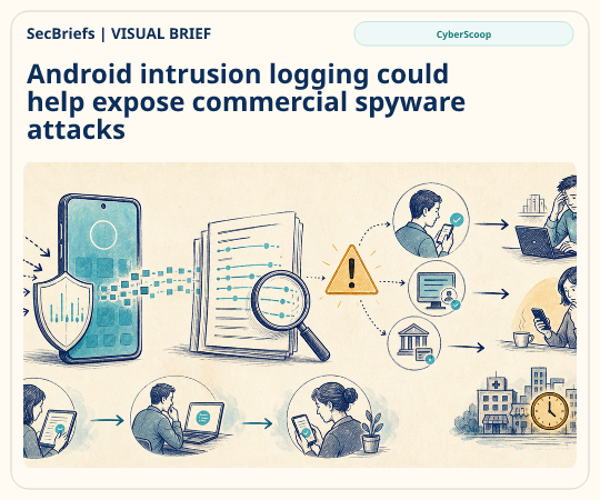 SecBriefs homepage illustration for “Android intrusion logging could help expose commercial spyware attacks”; source CyberScoop.
