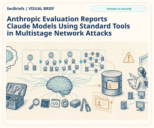 SecBriefs homepage illustration for “Anthropic Evaluation Reports Claude Models Using Standard Tools in Multistage Network Attacks”; source Schneier on Security.