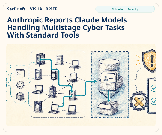 SecBriefs homepage illustration for “Anthropic Reports Claude Models Handling Multistage Cyber Tasks With Standard Tools”; source Schneier on Security.