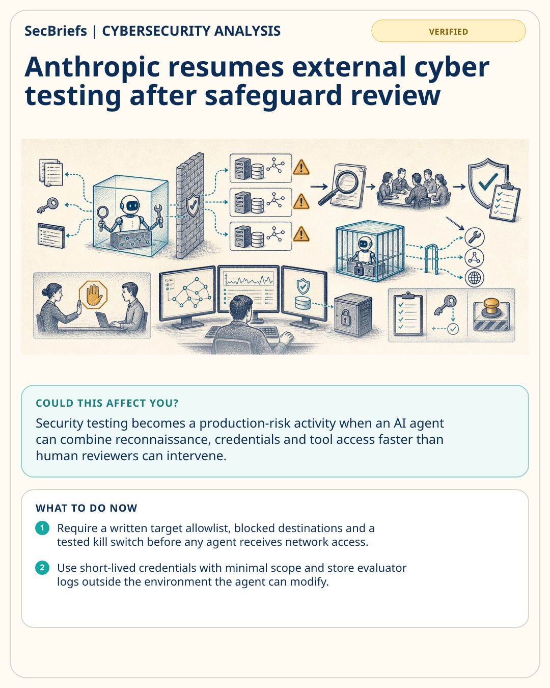 SecBriefs visual brief for Anthropic resumes external cyber testing after safeguard review