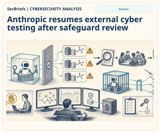 SecBriefs Cybersecurity Analysis illustration for “Anthropic resumes external cyber testing after safeguard review”; source Reuters.