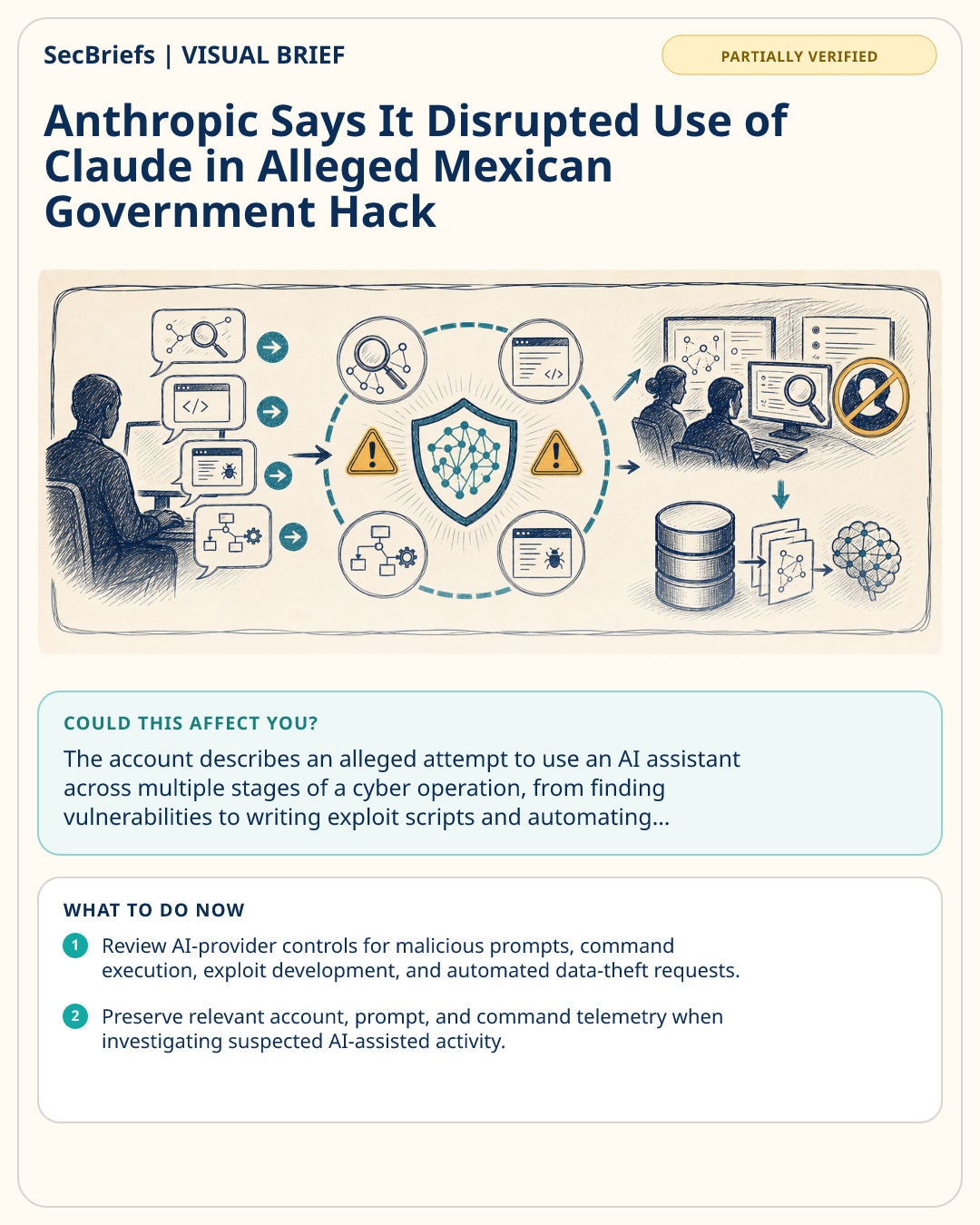 SecBriefs visual brief for Anthropic Says It Disrupted Use of Claude in Alleged Mexican Government Hack