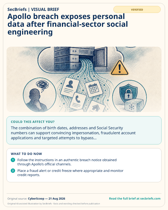 SecBriefs visual brief for “Apollo breach exposes personal data after financial-sector social engineering”; source CyberScoop, 21 Aug 2026.