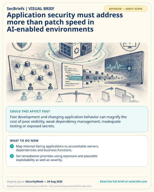 SecBriefs visual brief for “Application security must address more than patch speed in AI-enabled environments”; source SecurityWeek, 24 Aug 2026.