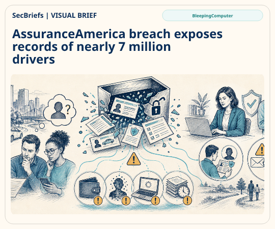 SecBriefs homepage illustration for “AssuranceAmerica breach exposes records of nearly 7 million drivers”; source BleepingComputer.