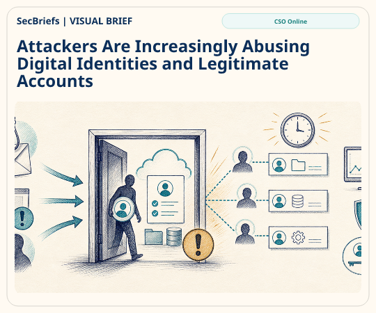 SecBriefs homepage illustration for “Attackers Are Increasingly Abusing Digital Identities and Legitimate Accounts”; source CSO Online.