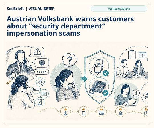 SecBriefs homepage illustration for “Austrian Volksbank warns customers about “security department” impersonation scams”; source Volksbank Austria.