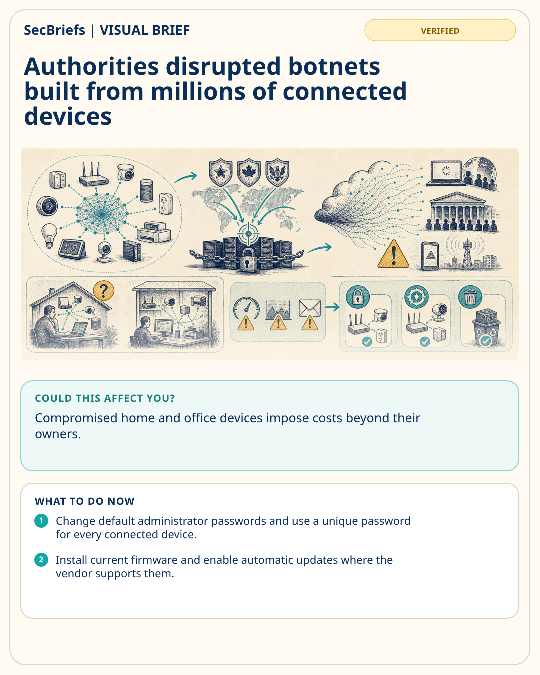 SecBriefs visual brief for Authorities disrupted botnets built from millions of connected devices
