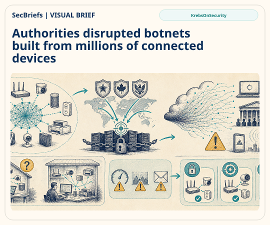 SecBriefs homepage illustration for “Authorities disrupted botnets built from millions of connected devices”; source KrebsOnSecurity.